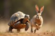 © miss irine - Determined tortoise leads race against surprised hare. Animal competition shows slow, steady speed beat fast pace. Strategy, leadership, planning, triumph over challenge, advantage. Animals run at