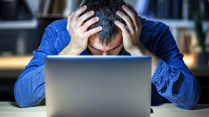 Stressed developer working late at computer setup, surrounded by multiple monitors and coffee cups, showcasing the challenges of modern tech work and mental pressure in a fast-paced digital environmen
