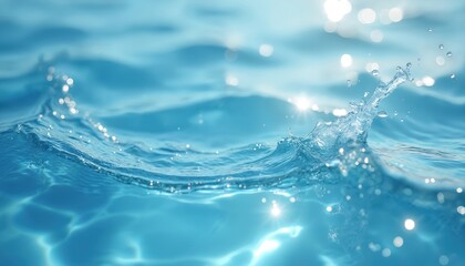 Poster - Abstract blue water surface with ripples, splashes, bubbles. Clear transparent liquid texture background. Refreshing waves in sunlight with copy space for cosmetic, moisturizer, micellar toner summer