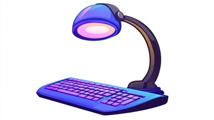 Fototapete - Blue desk lamp illuminating a blue keyboard on a white background.
