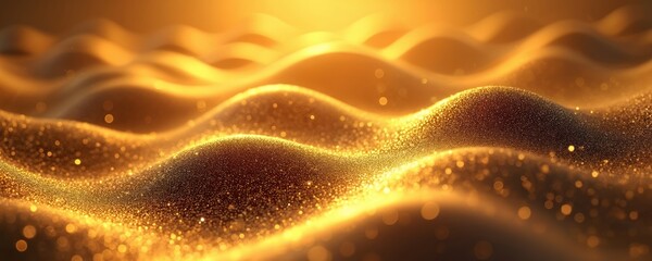 Aufkleber - Golden abstract landscape. Digital smooth hills, sand dunes texture with bright light bokeh spots. Modern aurum wave pattern for decor, poster, wallpaper, artwork, card background. Endless surface