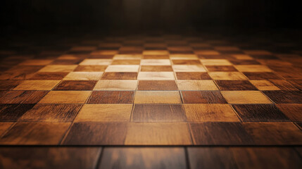 Poster - close up view of empty wooden game board with checkered pattern, showcasing rich textures and warm tones, perfect for strategic gameplay