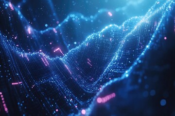abstract digital landscape, glowing particles, data visualization, dark background, tech presentatio