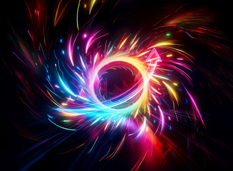 Wall Mural - vibrant double exposure image featuring a swirling vortex of bright neon colors emanating from a cen