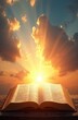 © miss irine - Radiant sunlight streams from open Bible pages against dramatic sky cloudscape conveying hope, enlightenment. Sunbeam illuminates text on page book on wooden table.