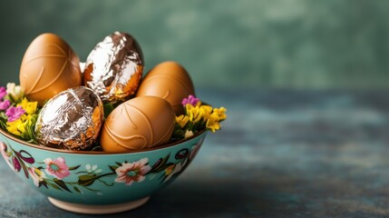 Wall Mural - Easter Foods Concept, Festive Easter Egg Shaped Chocolates Wrapped in Foil on a Colorful Decorative Bowl with Flowers