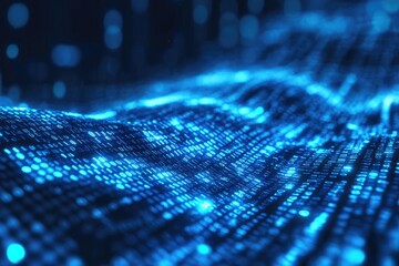 blue digital data wave flowing, dark background, tech presentation