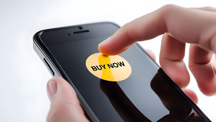 mobile phone in hand photograph capturing a finger pressing the Buy Now