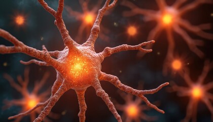 Poster - Neuron cells transmit electrical signals in brain for neural activity. Neuroscience nerve cell network, anatomy system, biology connection. Glowing neurology activity, pathway, synapses, biological