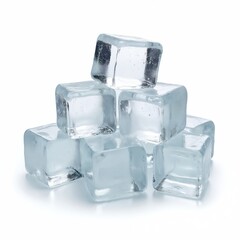 Poster - Pile of transparent ice cubes on white. Realistic 3D block set for cooling drinks, refreshing beverages, cocktails. Clean frozen water square shape for summer drinks refreshment. Frosty freeze