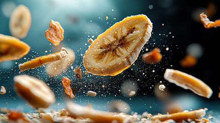 Aufkleber - Dried banana slices suspended in holographic display, showcasing their texture and detail in futuristic setting. vibrant colors and intricate details create captivating visual experience