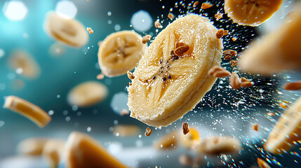 Poster - Slices of dried banana suspended in holographic space with dynamic lighting and floating particles create futuristic and vibrant scene