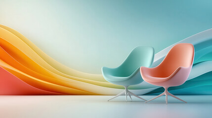 Poster - Two modern chairs in pastel colors are set against vibrant, abstract wave background, creating stylish and contemporary design. scene exudes sense of calm and creativity