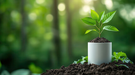 Poster - small plant in white pot symbolizes growth and sustainability, set against lush green forest background, representing eco conscious business success