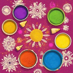 Wall Mural - Holi Colorful Powder and Rangoli Flat Lay Illustration, Holi