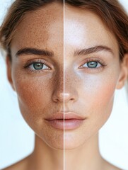 Poster - Split screen showing contrasting skin textures of a woman highlighting age and beauty differences in facial features. Generative AI