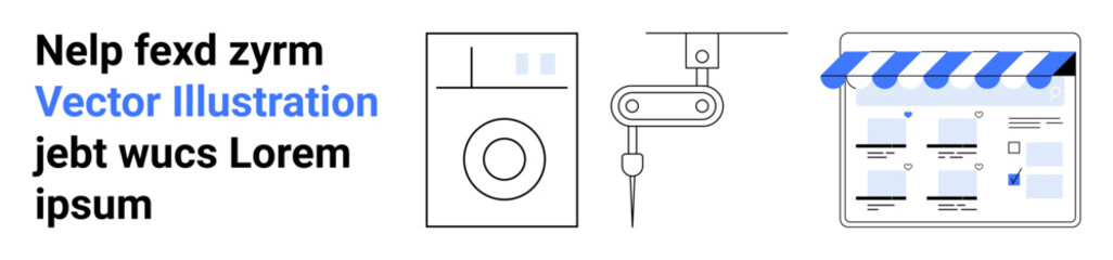 Home washing machine, industrial robotic arm, and an online store layout with text. Ideal for e-commerce, automation, manufacturing, home appliances, web development, technology trends digital