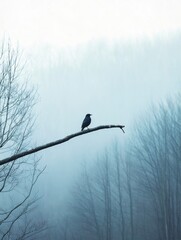 Fototapete - Lone bird perched on a dead tree branch against a misty backdrop of trees in early morning light. Generative AI