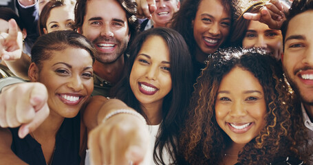Poster - Portrait, business people and pointing to you, cooperation and teamwork with corporate professional. Face, coworking and employees in workplace, motivation and opportunity with happiness and about us