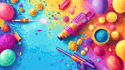 Wall Mural - Holi Festival Flat Lay with Colorful Gulal Powder and Accessories, Holi