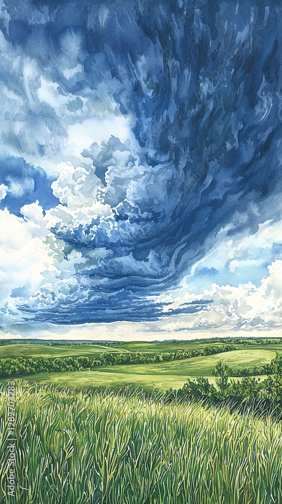 Watercolor painting of a prairie grass field landscape at tornado ...
