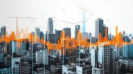 Fototapete - Cityscape overlaid with orange graphs, illustrating urban development and economic growth.