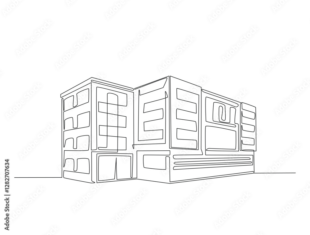 Continuous line art drawing of modern building illustration. High rise ...