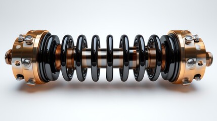 Aufkleber - Close-up of a black and gold metallic shock absorber with coil springs and bearings on a white background.