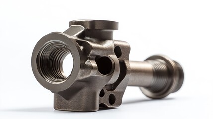 Fototapete - Close-up of a bronze-colored metal component with threaded holes and intricate details, isolated on a white background.