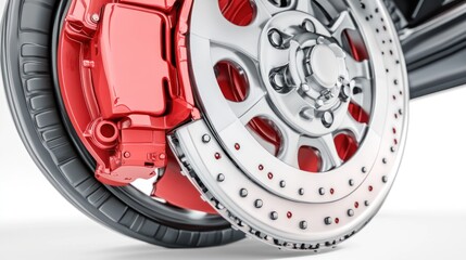 Aufkleber - Close-up of a car's disc brake system, showcasing the caliper, rotor, and brake pads.