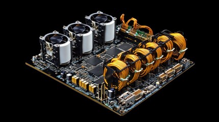 Aufkleber - Close-up of a complex circuit board with multiple cooling fans and gold-colored components.