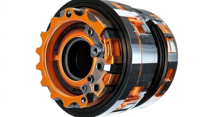 Aufkleber - Close-up of a complex, cylindrical mechanical device with orange and black components, showcasing intricate gears and internal mechanisms.