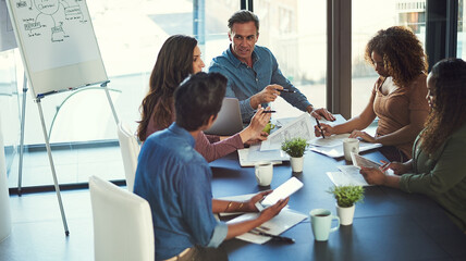 Aufkleber - Boardroom, creative and people in meeting, discussion and collaboration for ideas in newsroom. Planning, teamwork and group with boss in business, journalist and conversation for story in media