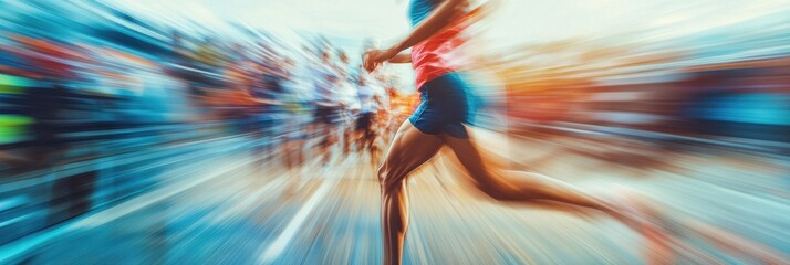 Poster - Runner transforms from tired at start line to victorious and energized at finish in vibrant motion. Generative AI