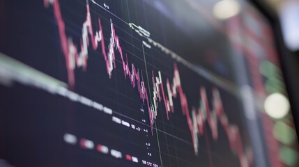 Fototapete - Close-up of a computer screen displaying a stock market graph with fluctuating lines indicating price changes.
