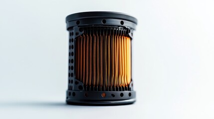 Leinwandbilder - Close-up of a cylindrical filter with an orange pleated element inside a black housing against a white background.
