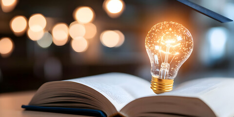 Poster - Glowing lightbulb above open book, bokeh lights background; knowledge, inspiration, education concept; website banner