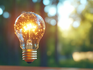 Poster - Glowing lightbulb idea concept; outdoor forest background; innovation, creativity, and inspiration; website banner, presentation