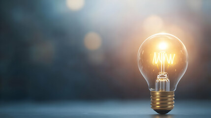 Poster - Glowing lightbulb on dark surface, bokeh background.  Represents idea, innovation, and inspiration. Ideal for business, technology, and creativity concepts