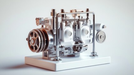 Aufkleber - Close-up of a detailed model of a powerful, industrial engine, showcasing its intricate mechanics and components on a white platform against a light background.