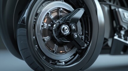 Aufkleber - Close-up of a futuristic motorcycle wheel with intricate details and a powerful brake system.