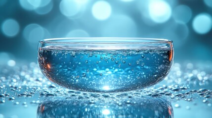 Poster - Close-up of a glass bowl filled with sparkling water, droplets on the surface, and a blurred blue background.