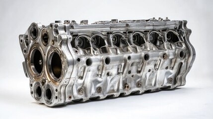 Poster - Close-up of a gleaming metallic engine cylinder head, showcasing intricate internal components and design details against a clean white backdrop.