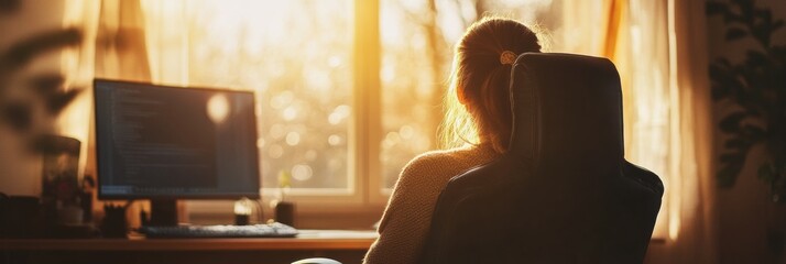 Aufkleber - Woman working from home during sunset by the window with a computer and warm light. Generative AI