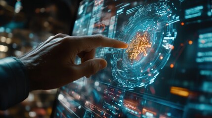 Fototapete - Close-up of a hand interacting with a futuristic digital interface, displaying complex data visualizations and holographic elements.