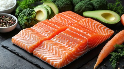 Wall Mural - Fresh salmon fillets, vegetables, dark background, healthy cooking