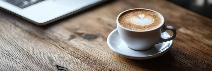 Aufkleber - Coffee cup on wooden table next to laptop with soft natural lighting in a cozy setting. Generative AI