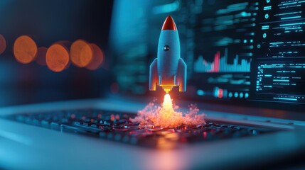 Digital Rocket Launching From Keyboard with Data Visualization Background in Futuristic Concept