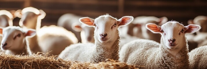 Aufkleber - Group of sheep resting on straw in a warm barn during daylight hours. Generative AI
