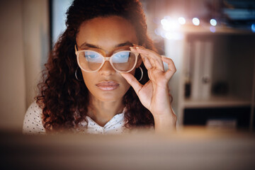 Poster - Reading, remote work and woman at night on laptop for online planning, writing proposal and research. Freelancer, glasses and writer on computer for article, journalism and deadline for copywriting